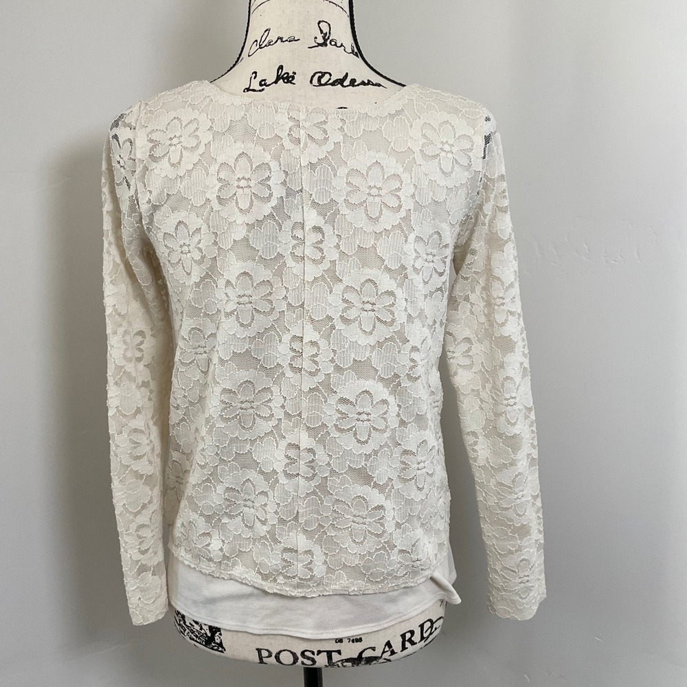 HOLLISTER Ivory Lace Layered Long Sleeve Top Sheer Flower Print S - Picture 3 of 4